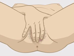 Detaljert visning av en kvinne som tilfredsstiller seg selv. Eksempel 2: Hun kjærtegner skjeden, klitoris og kjønnsleppene.